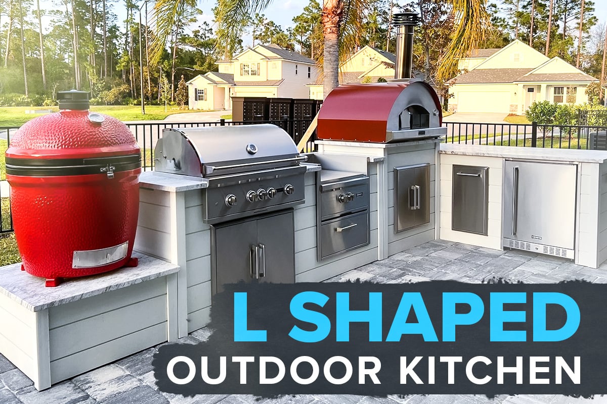 l shaped outdoor kitchen idea with pizza oven and kamado