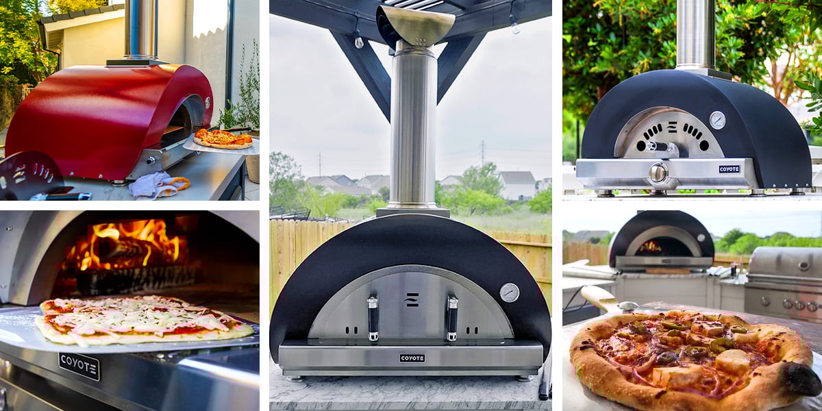 collage of coyote wood fired pizza ovens