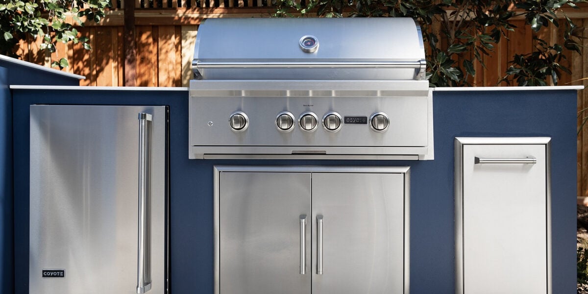modular outdoor kitchen with blue finish