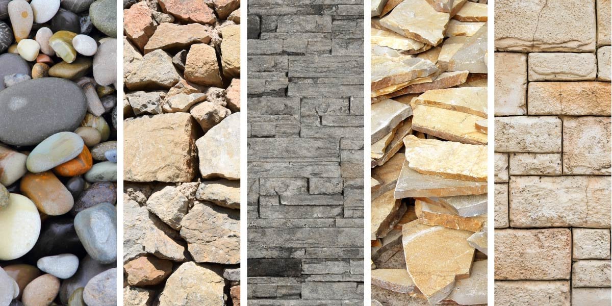 a graphic showing multiple styles of stone finish for an outdoor kitchen