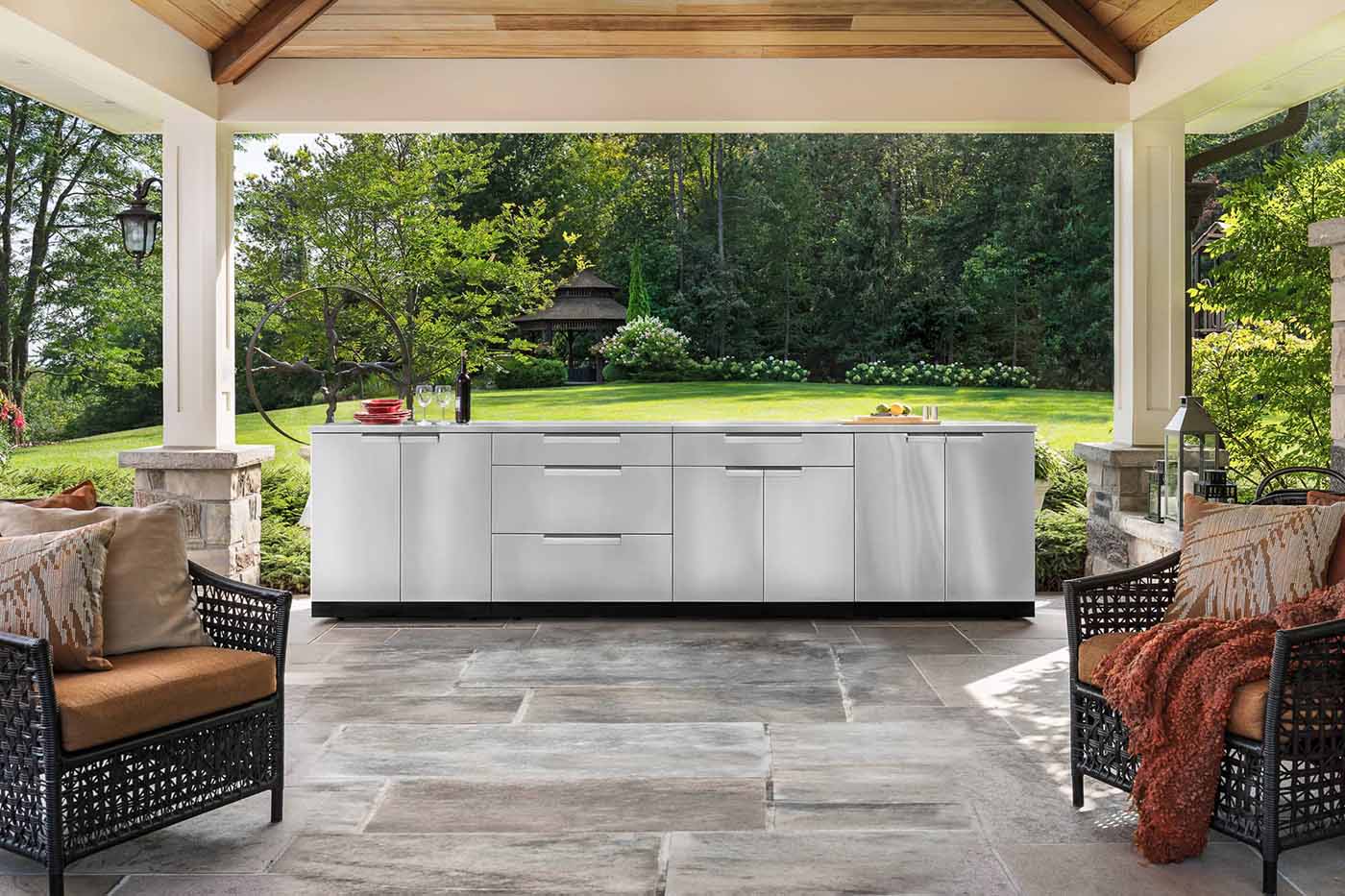 a newage stainless steel cabinet system under a pergola