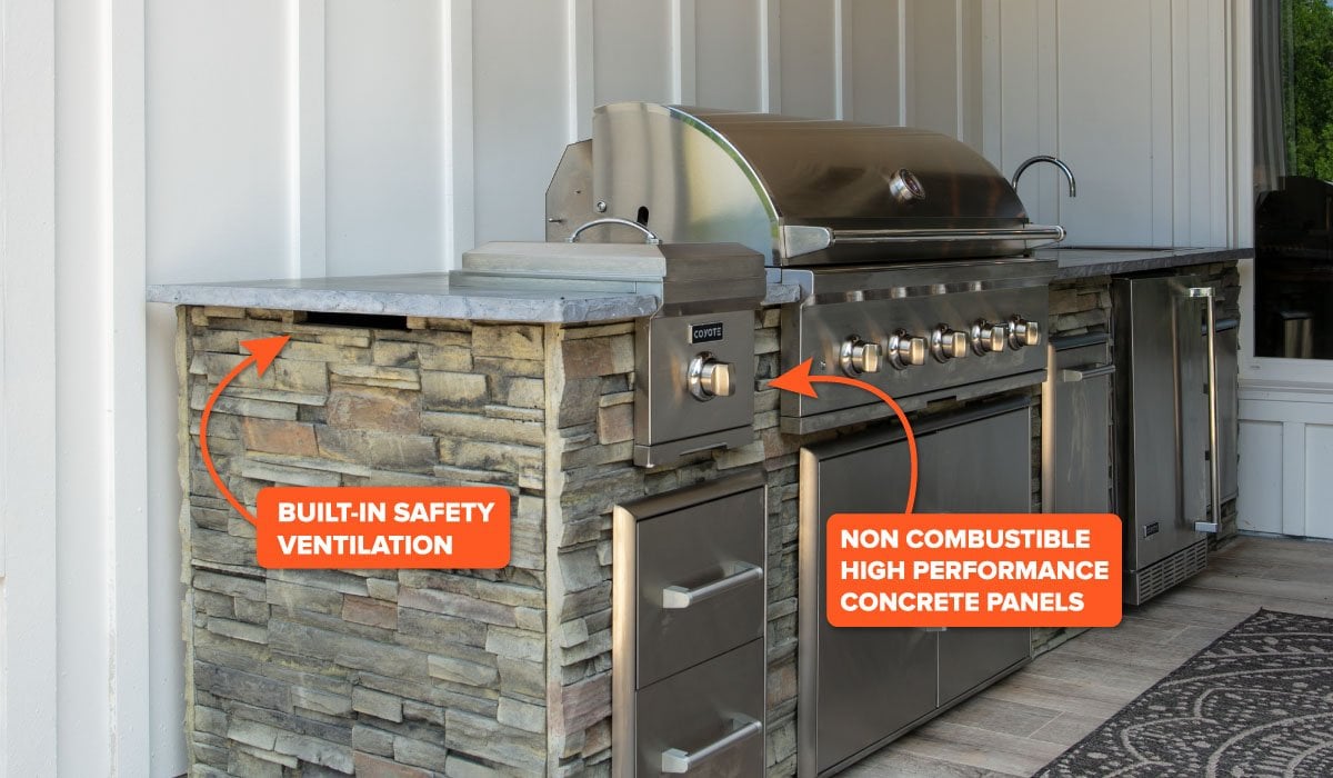 an rta outdoor kitchen showing the outdoor ventilation placement and non combustible concrete panels