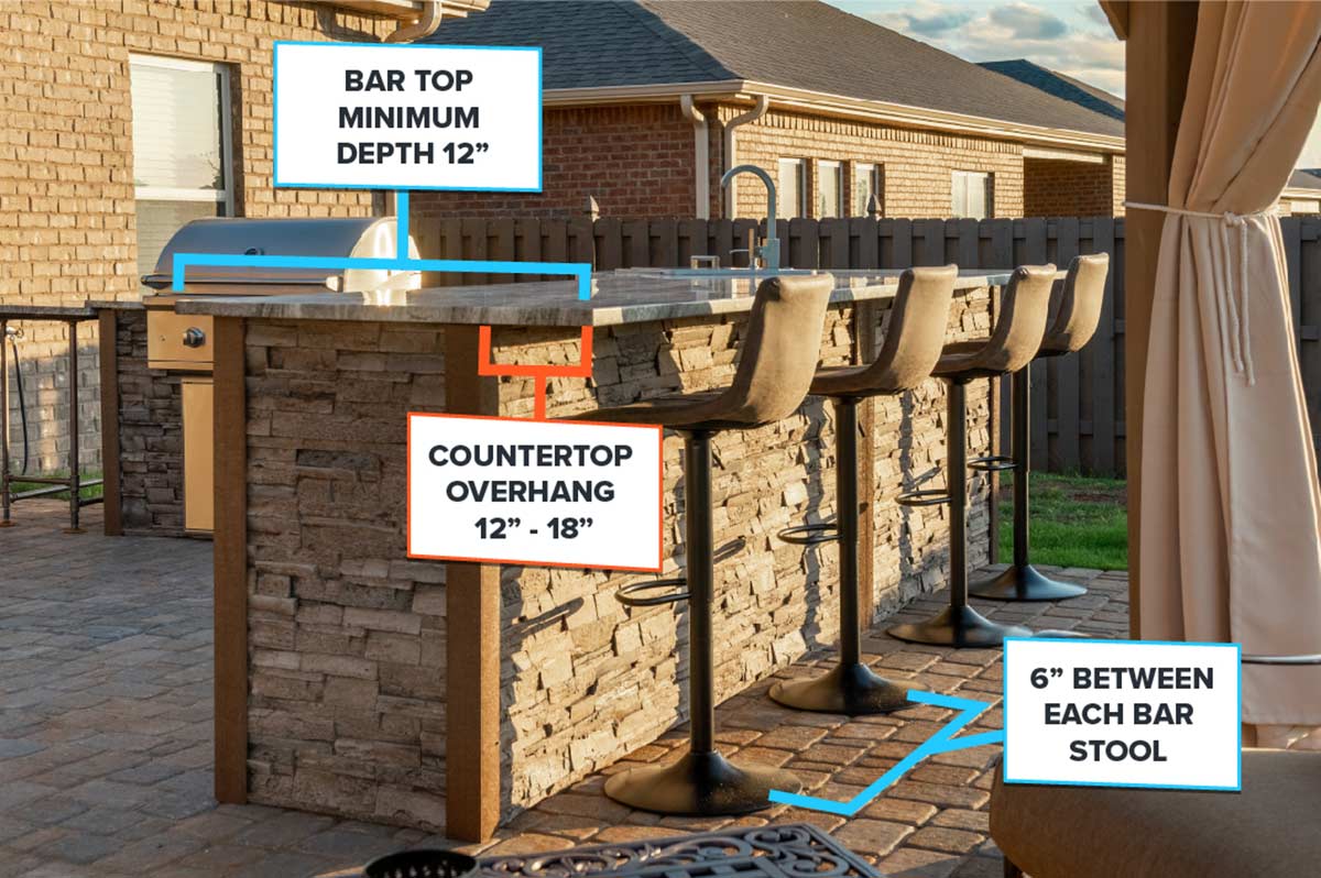 outdoor kitchen bar seating with spacing measurements displayed
