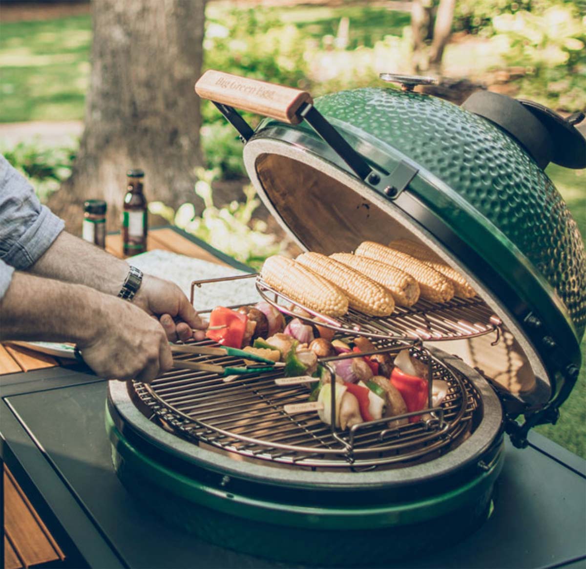 big green egg with lid open