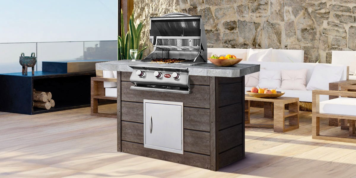 cal flame linear outdoor kitchen grill on patio