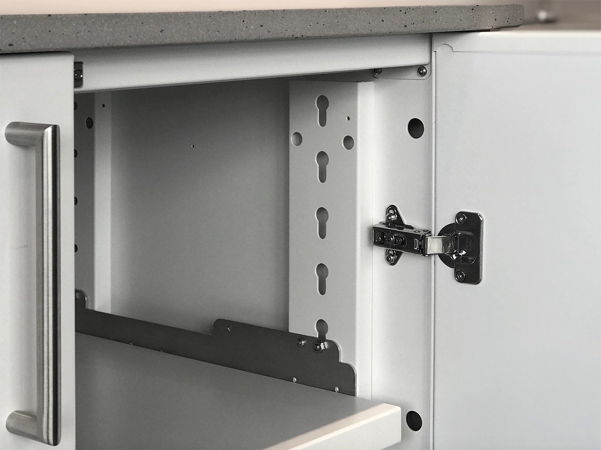 close up of powder coated aluminum materials used in an urban bonfire kitchen cabinet
