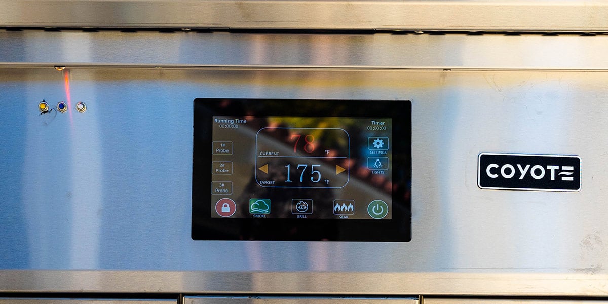 close up of temperature gauge on pellet grill