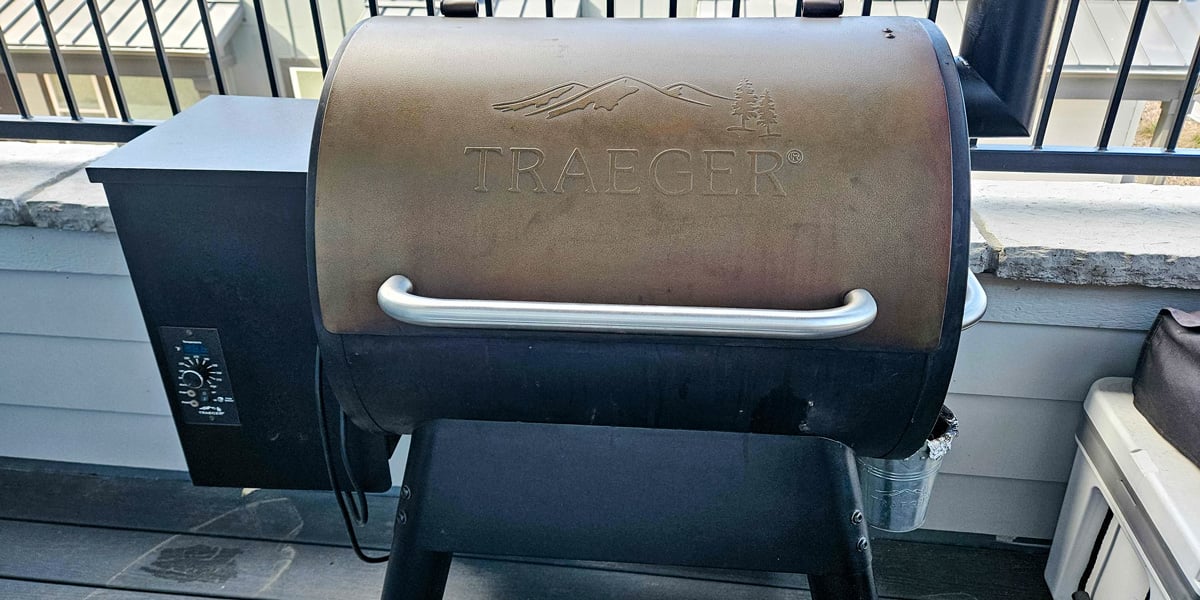 close up of traeger pro 22 pellet smoker on deck