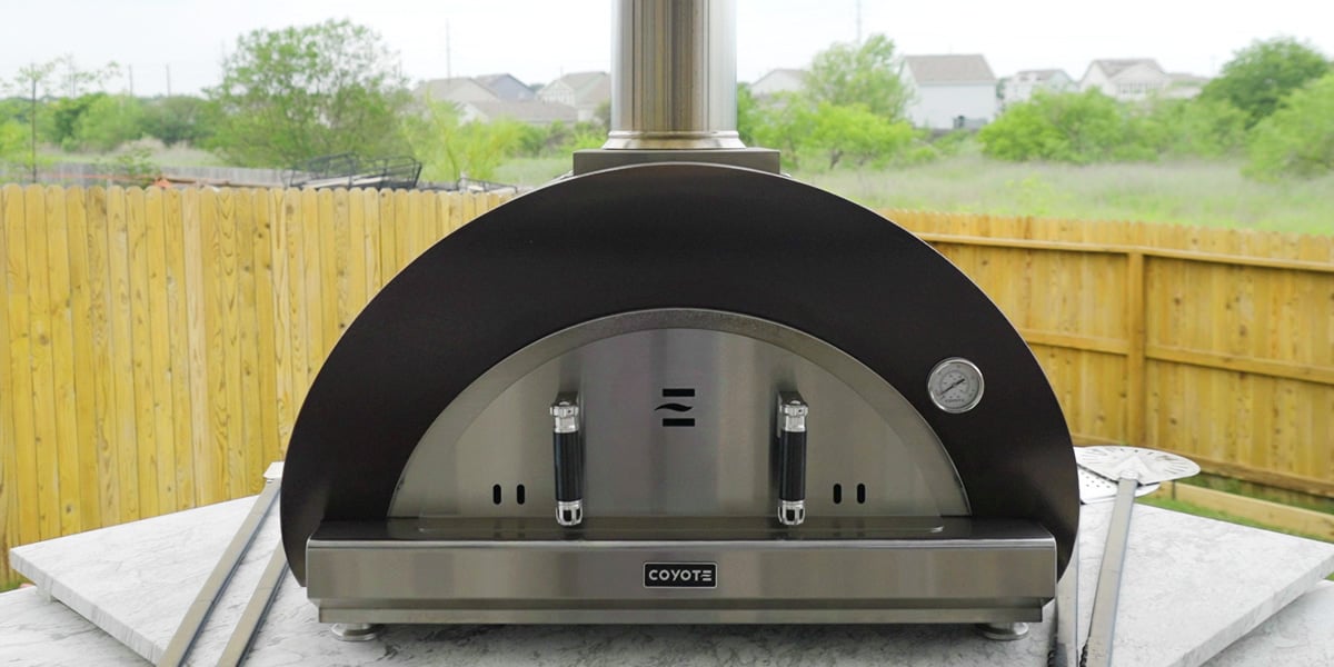 close up of wood fired outdoor pizza oven