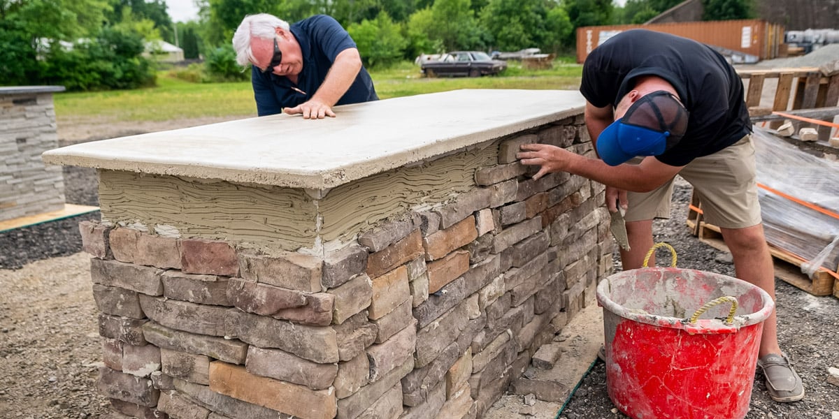 contractors building stone outdoor kitchen