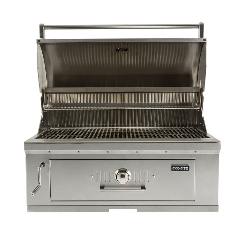 coyote charcoal grill built in model for outdoor kitchen with hood open