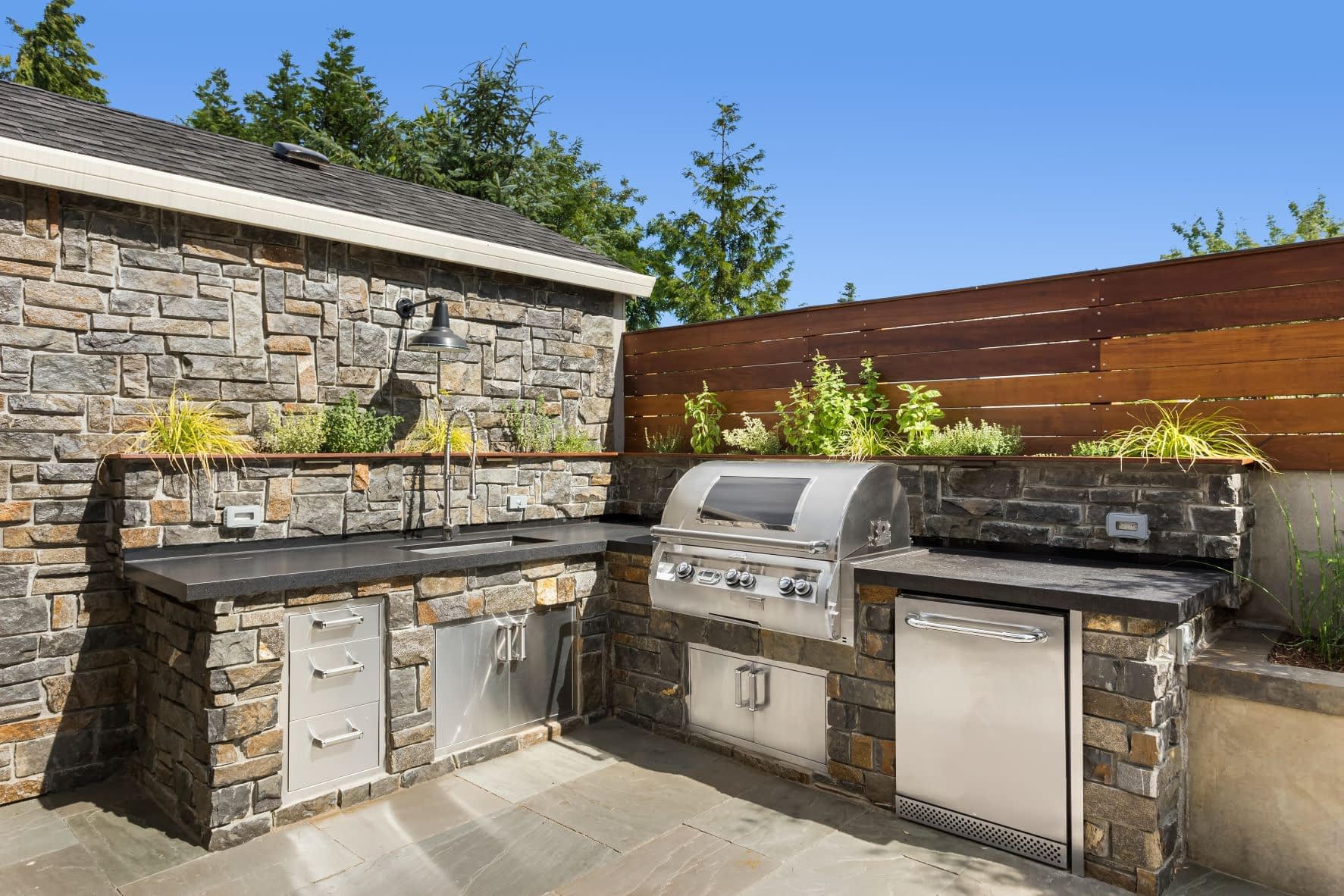 How to build a Custom Stone Veneer Outdoor Kitchen from Scratch with Outdoor Sink, Food Prep Zone, and Other Appliances
