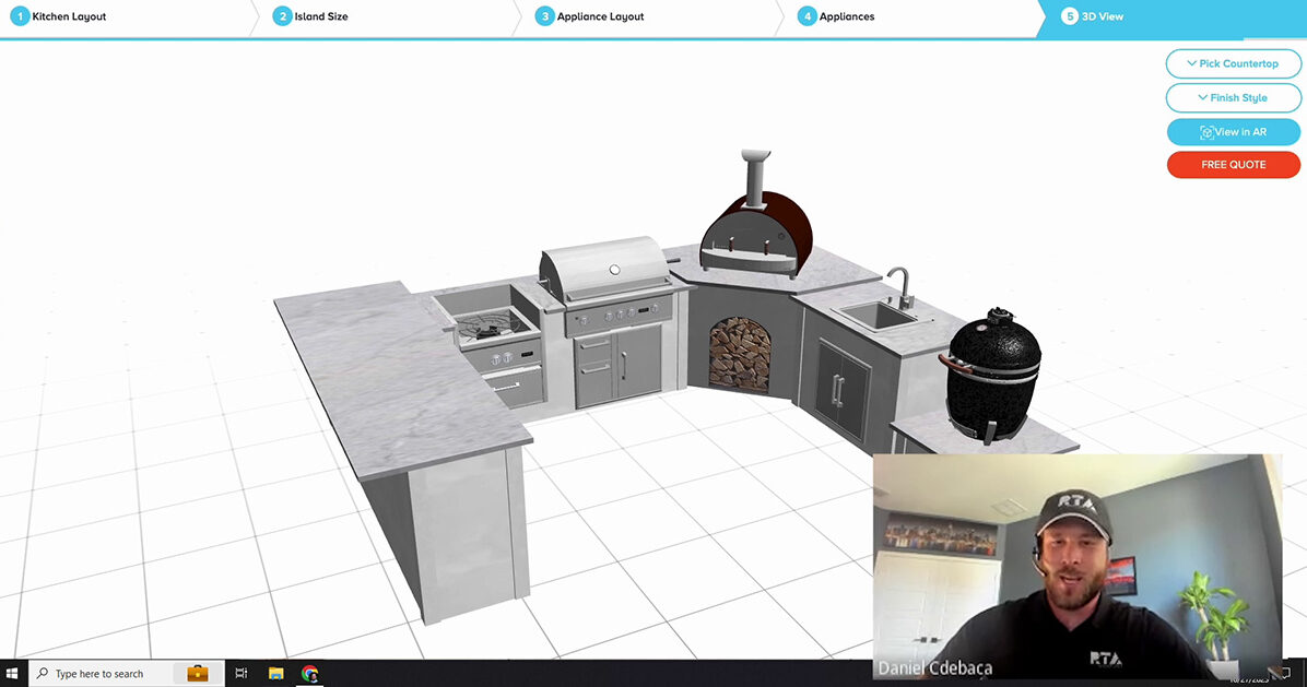 customer on video call with rta outdoor kitchen designer