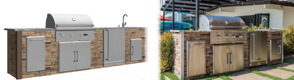 outdoor kitchen design rendering next to real outdoor kitchen