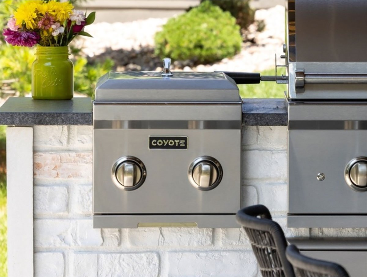dual side burner built into outdoor kitchen grill island