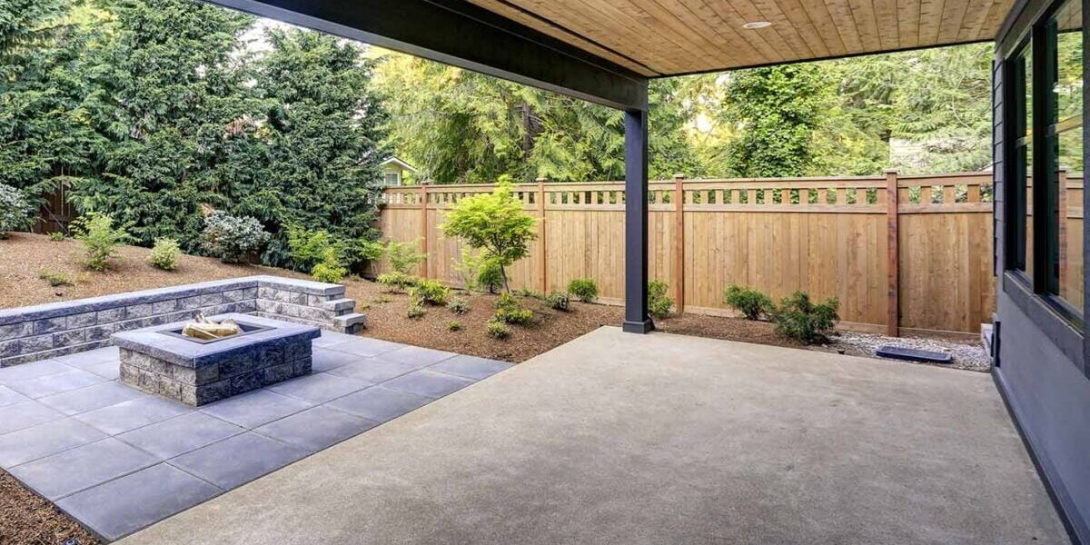 extended patio area with square fire pit