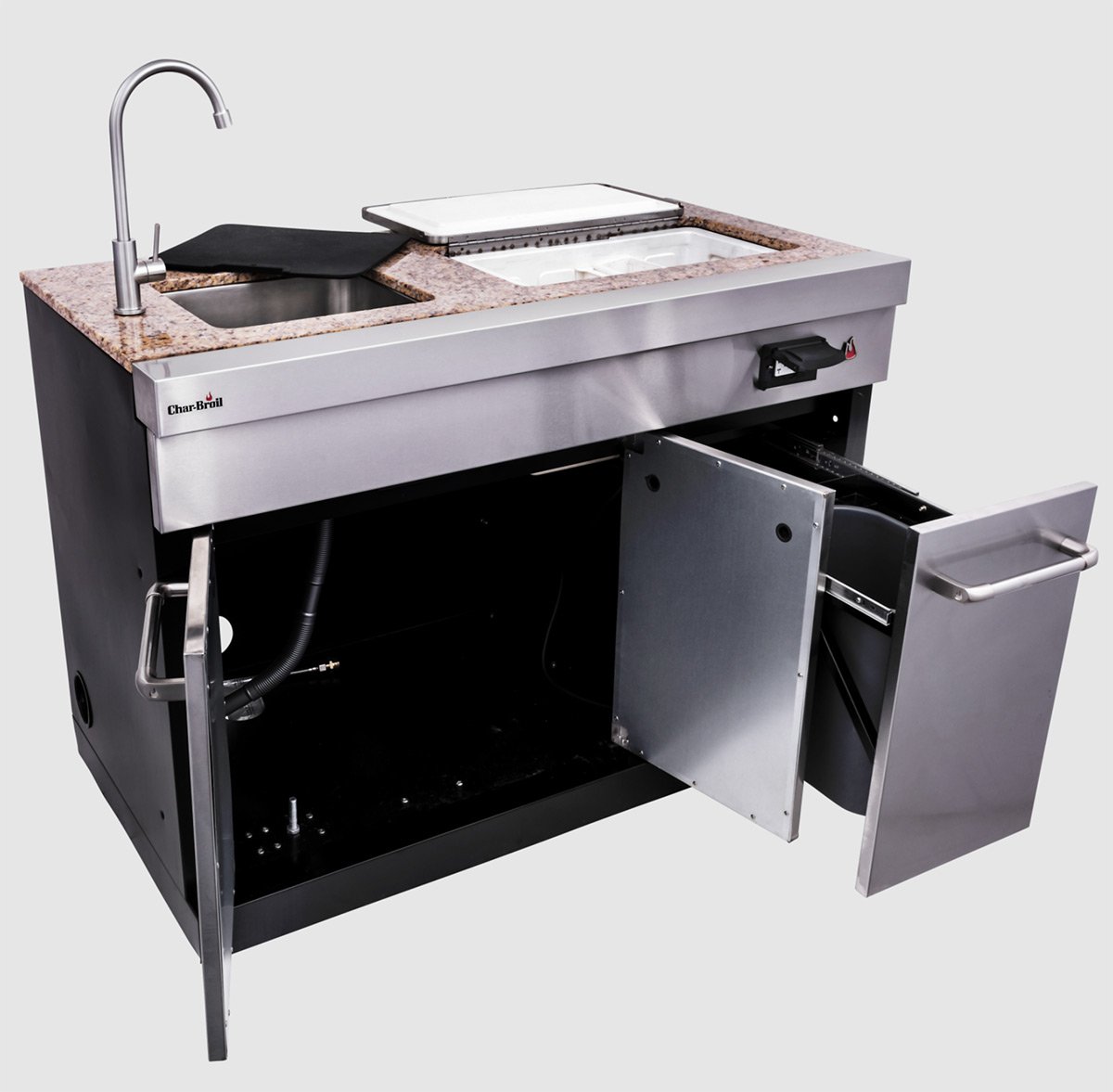 entertainment module with open cabinet and drawer