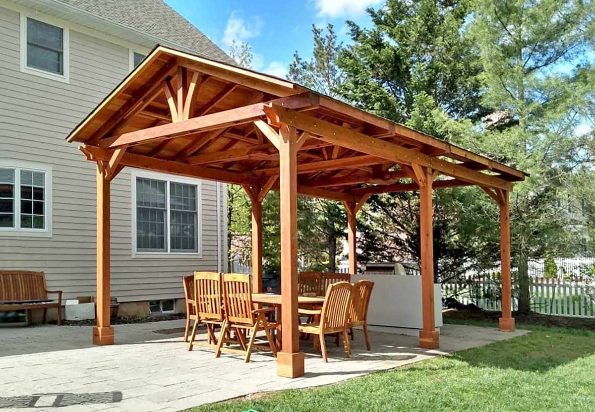 forever redwood pavillion with seating on patio