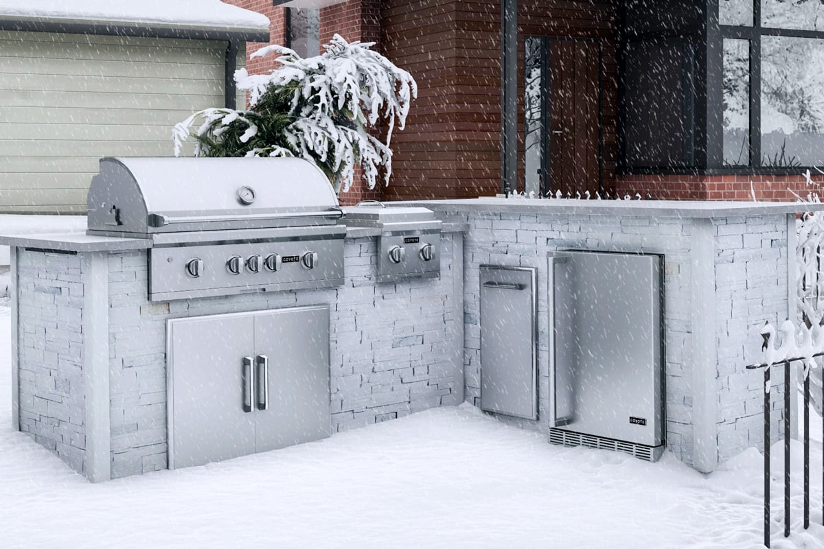 l shaped outdoor kitchen idea in snowy winter scene