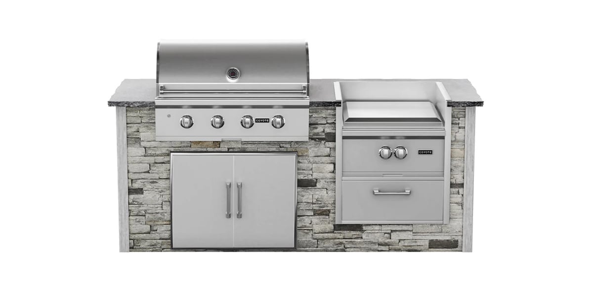 linear outdoor kitchen with stacked stone finish and power burner
