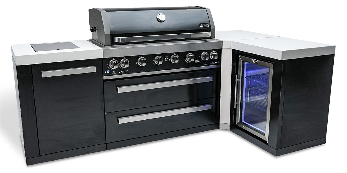 mont alpi outdoor kitchen in black with refrigerator and grill