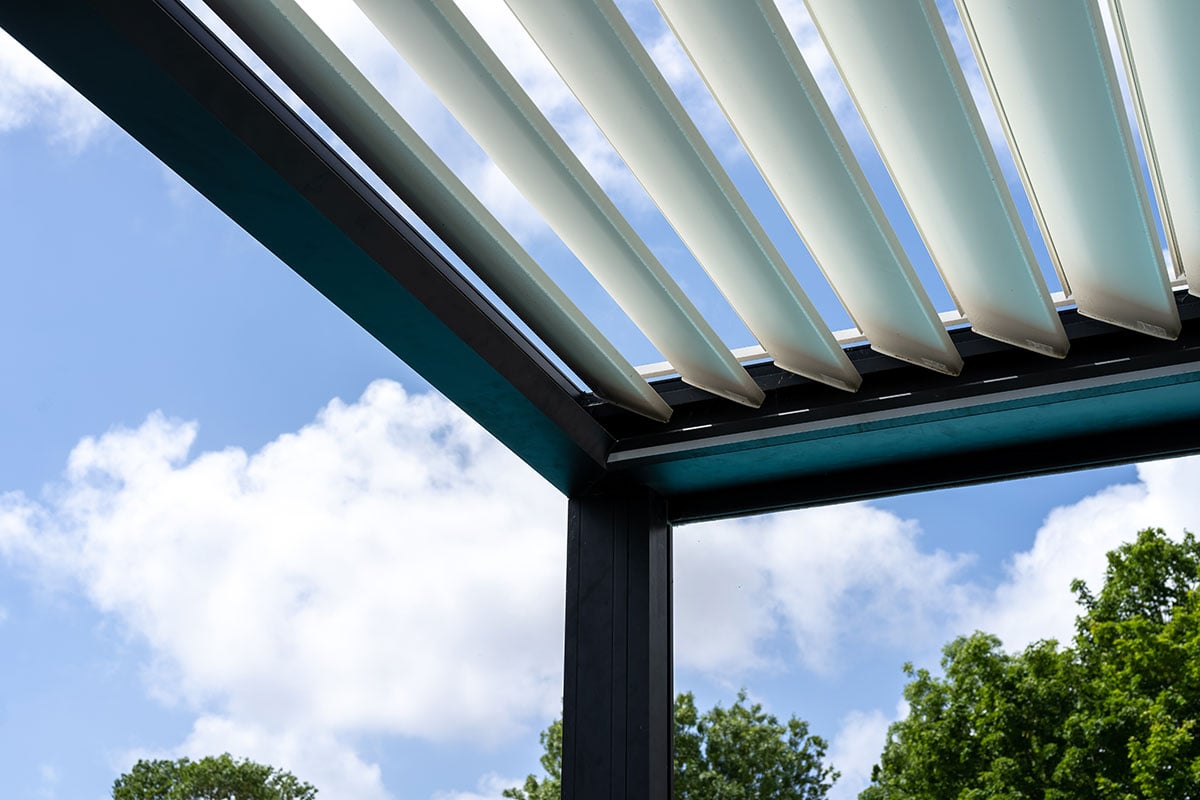 motorized louvered panels on a pergola