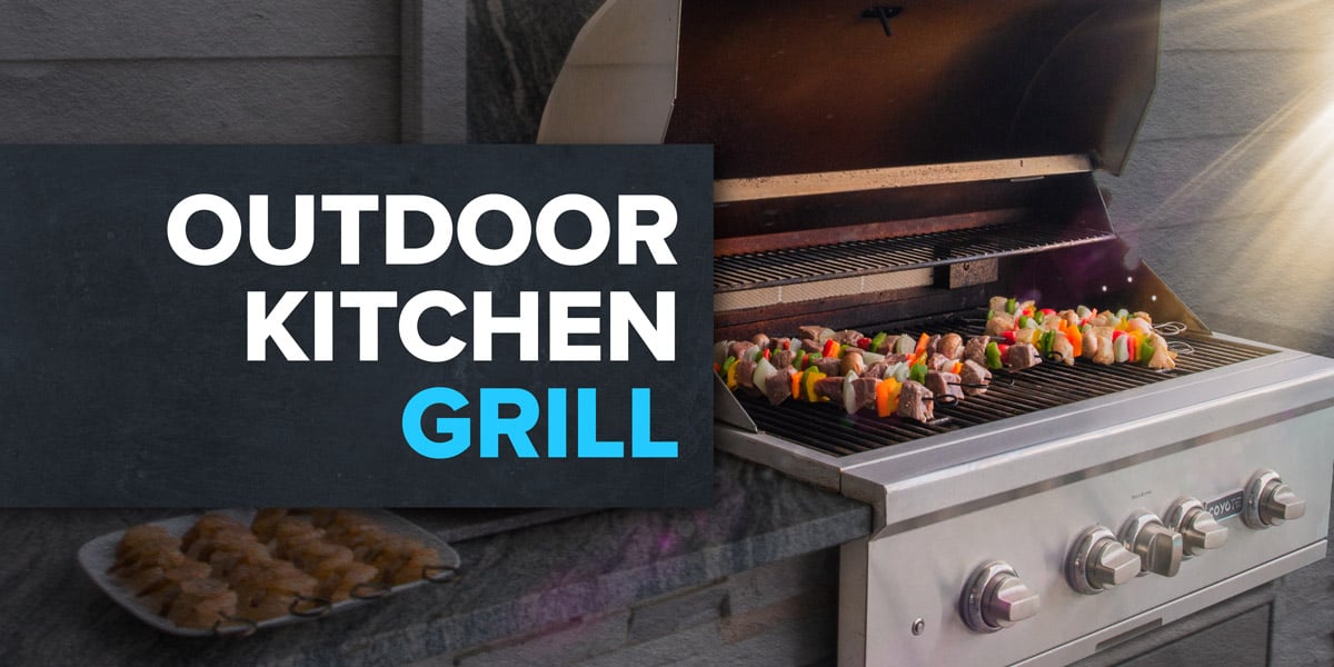 outdoor kitchen grill with kebabs cooking