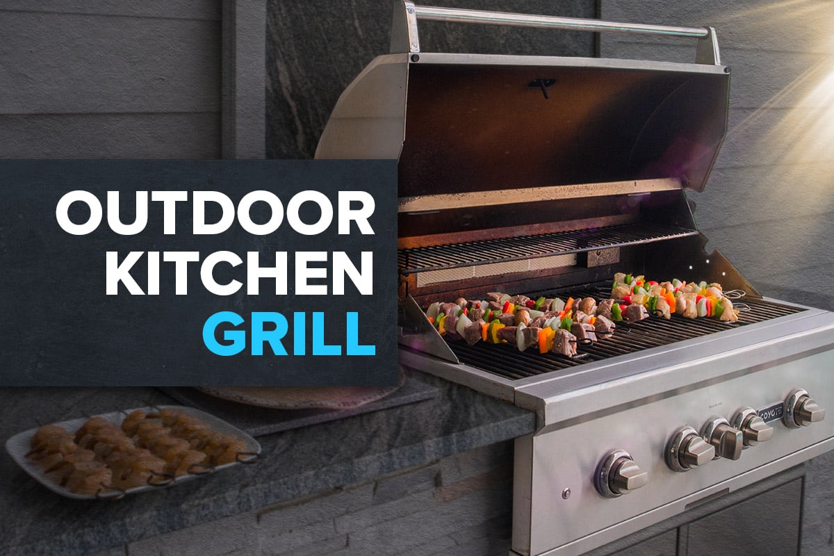 outdoor kitchen grill with kebabs cooking