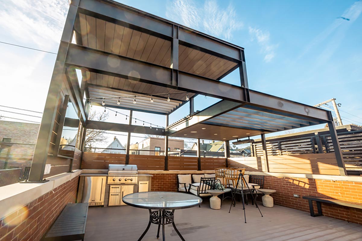 outdoor kitchen on deck under pavillion