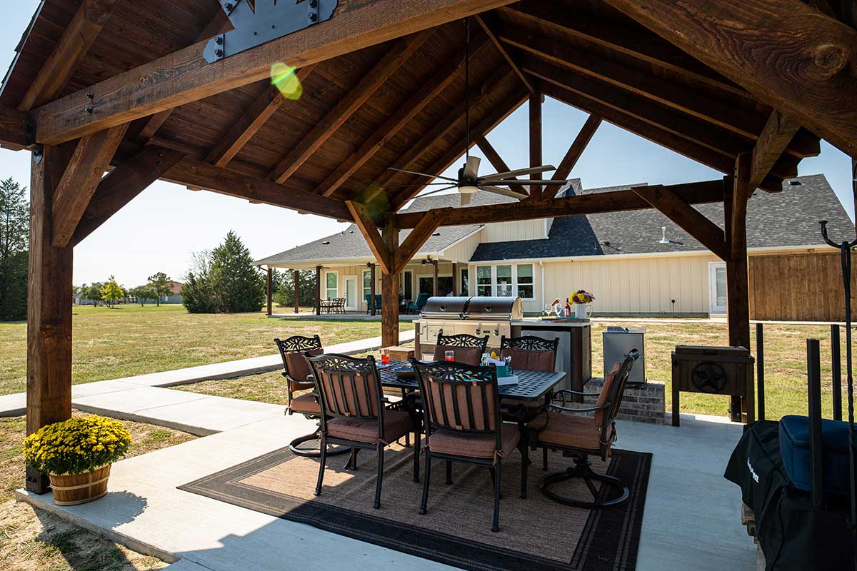 Outdoor Pavilion with Dining Area and outdoor kitchen on patio