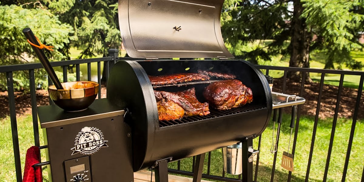 pit boss pellet smoker smoking ribs and pork shoulder