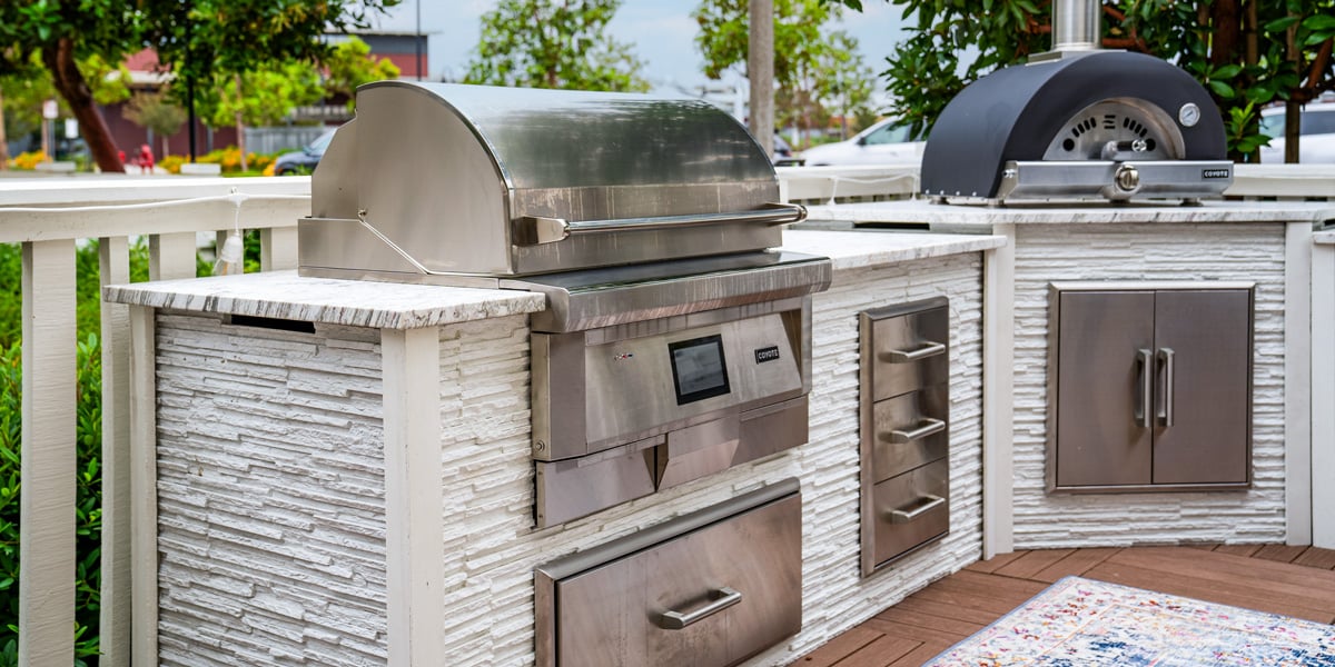 rta outdoor kitchen kits with modern stone finish and pellet grill