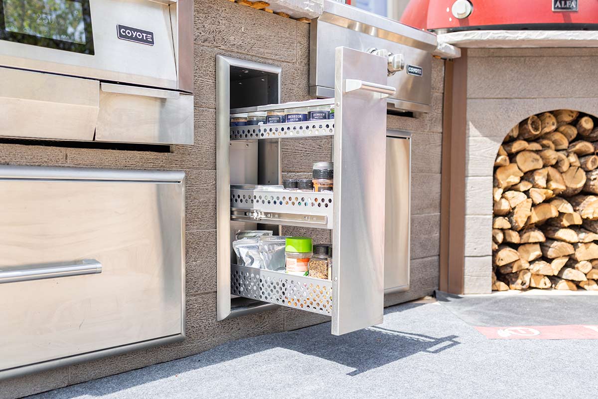 spice rack open in rta outdoor kitchen