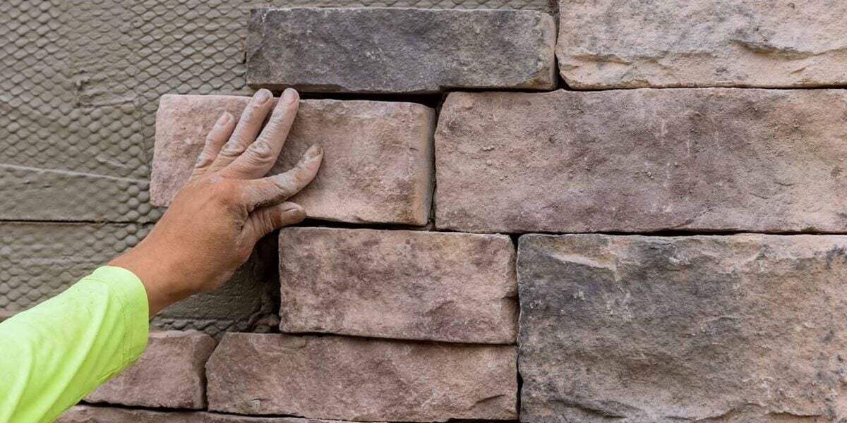 stones being mortarted to a cmu structure for an outdoor kitchen