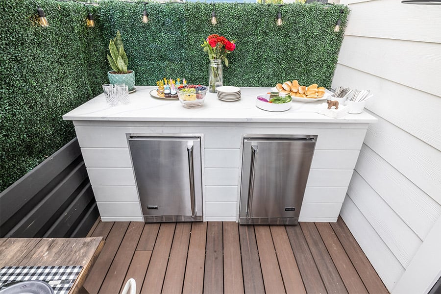 small linear bar island with bright plank finish