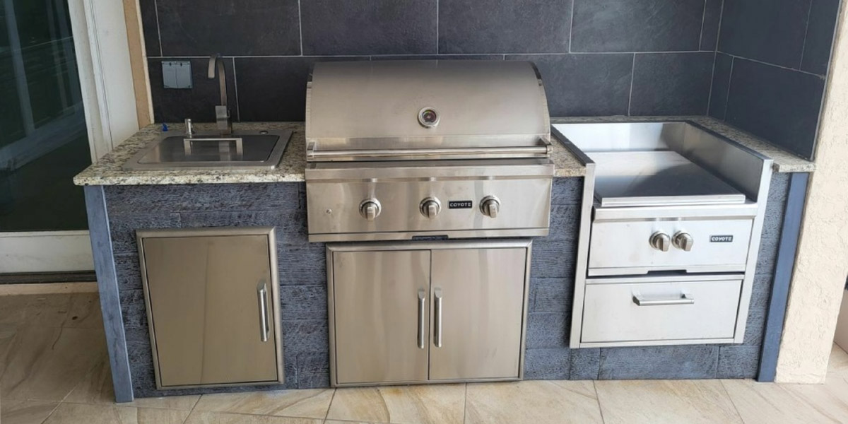 weathered wood ash linear grill island with sink and power burner