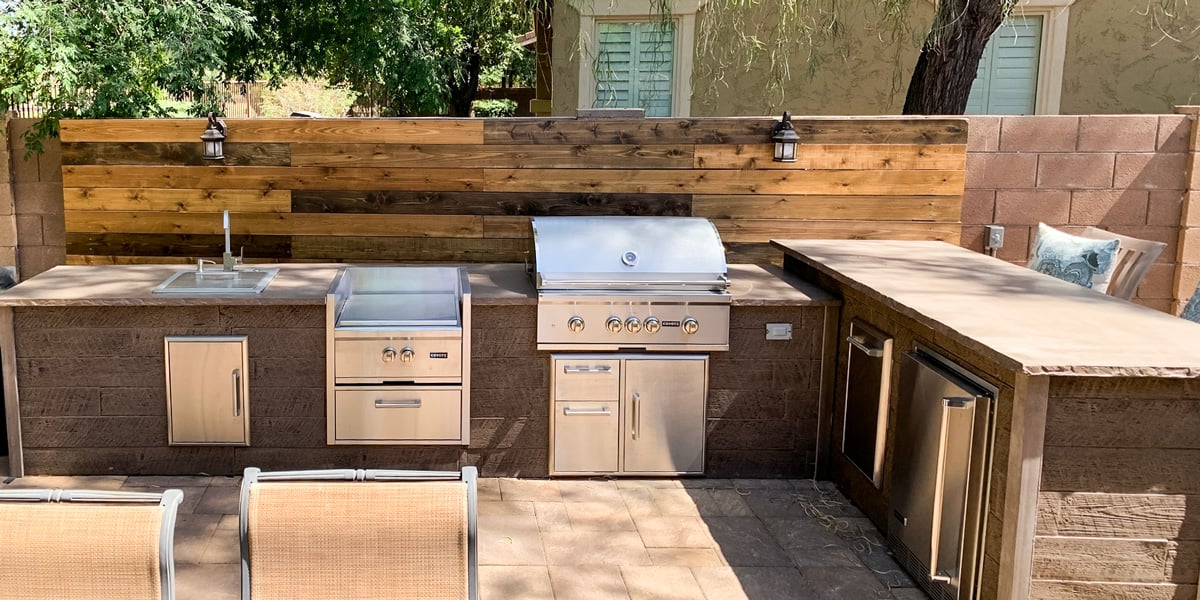 weathered wood bbq island with power burner sleeve insert