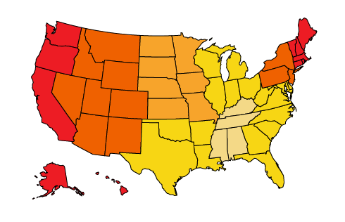 Heat map of USA showing cost of labor depending on the state