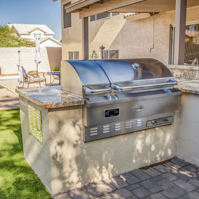 louisana grills estate pellet grill in custom outdoor kitchen structure